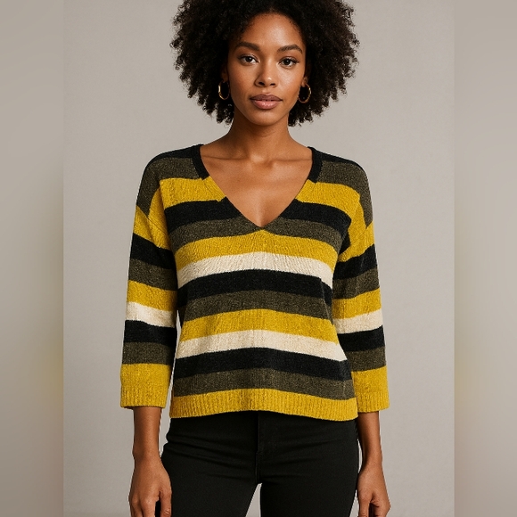 Express Sweaters - Express Chenille V Neck Stripe Sweater Top Moss Green Mustard Medium